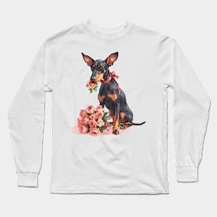 Valentine Doberman Pinscher Dog Giving Flowers Long Sleeve T-Shirt